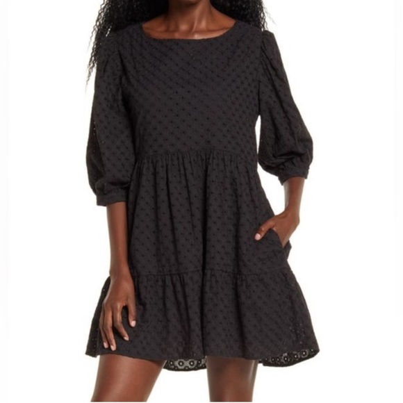 Anthropologie WAYF BFF Lauren Black Eyelet Babydoll Mini Dress Out Size M - Picture 1 of 12